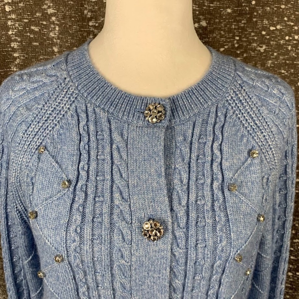Talbots‎ Blue Crystal Beaded Crewneck Cardigan Knit Preppy Chic Women's L - Picture 4 of 8